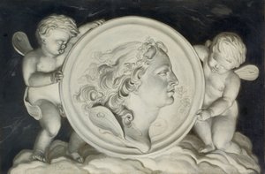 Zéphyr dans un médaillon peint soutenu par des putti flottant sur des nuages - Jacob Xavery